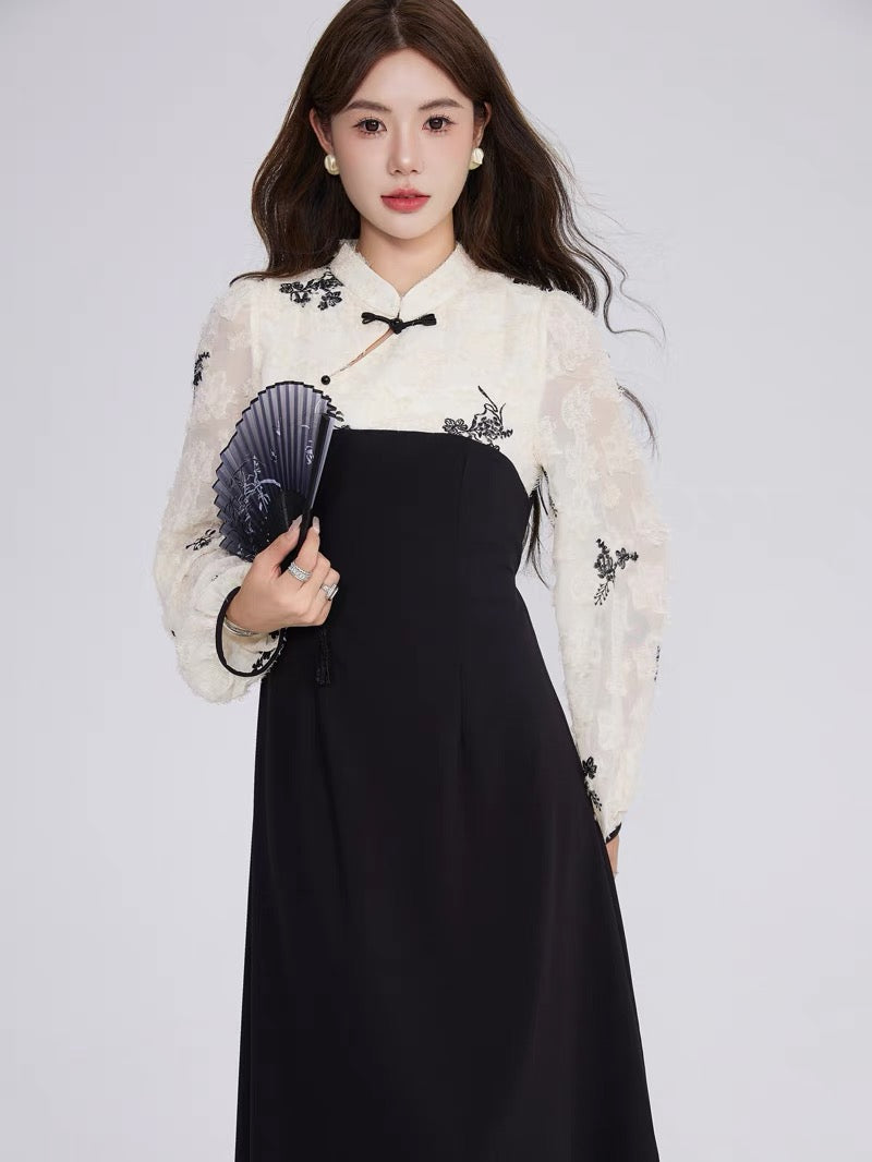 Volstagg New Chinese Style Black Dress Women's Autumn Improved Cheongsam Waist Buckle Long Skirt