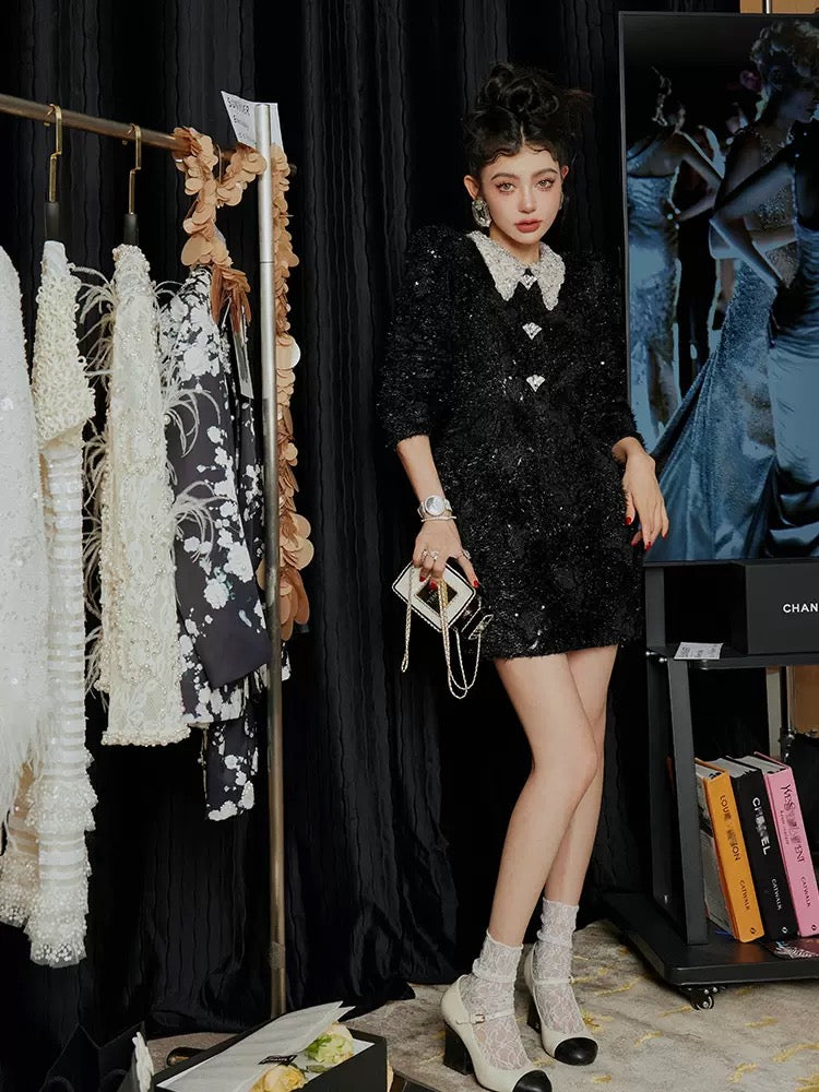 Sun Yuer's noble and broken dream Galaxy high-definition bright silk material hand-drilled lapel shape rhinestone buckle waist dress