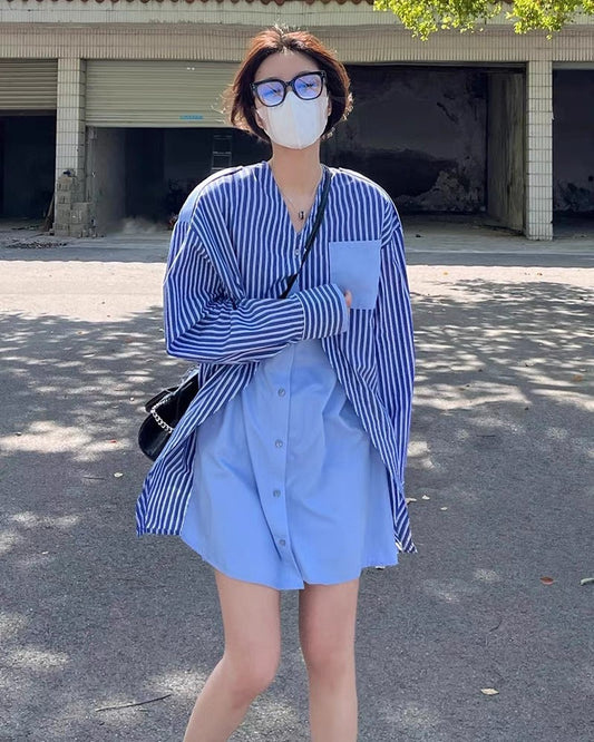 2023 new blue V-neck striped long-sleeved shirt dress summer loose niche casual fake two-piece dress for women