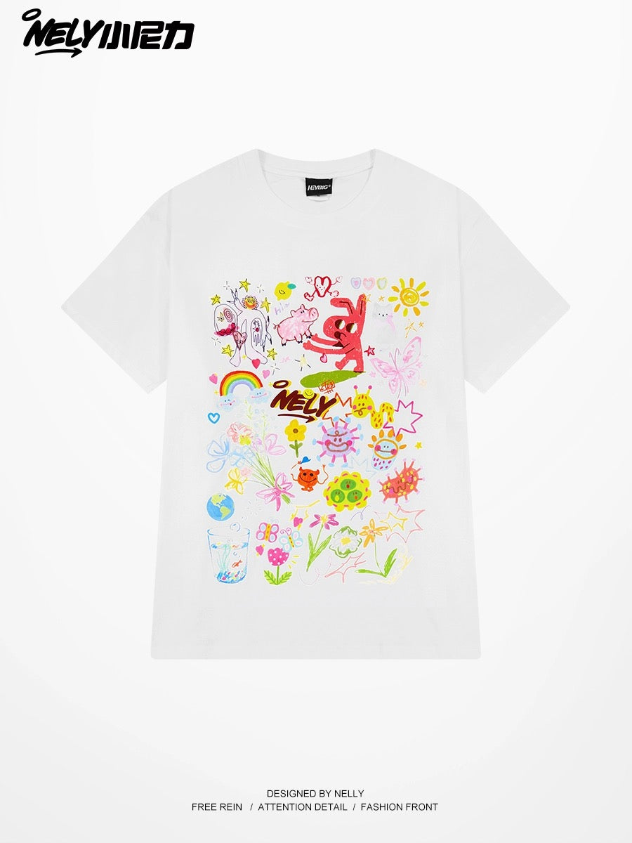 Nely Little Nely cartoon graffiti print short-sleeved T-shirt for men and women summer 2024 new loose cotton round neck top