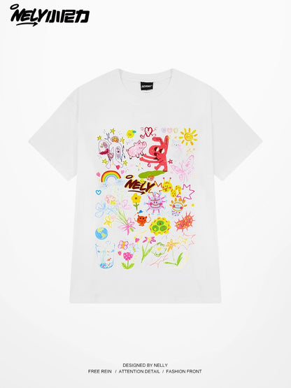 Nely Little Nely cartoon graffiti print short-sleeved T-shirt for men and women summer 2024 new loose cotton round neck top