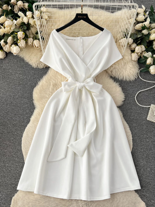 High-end celebrity style banquet party dress female summer bow tie waist design niche chic dress