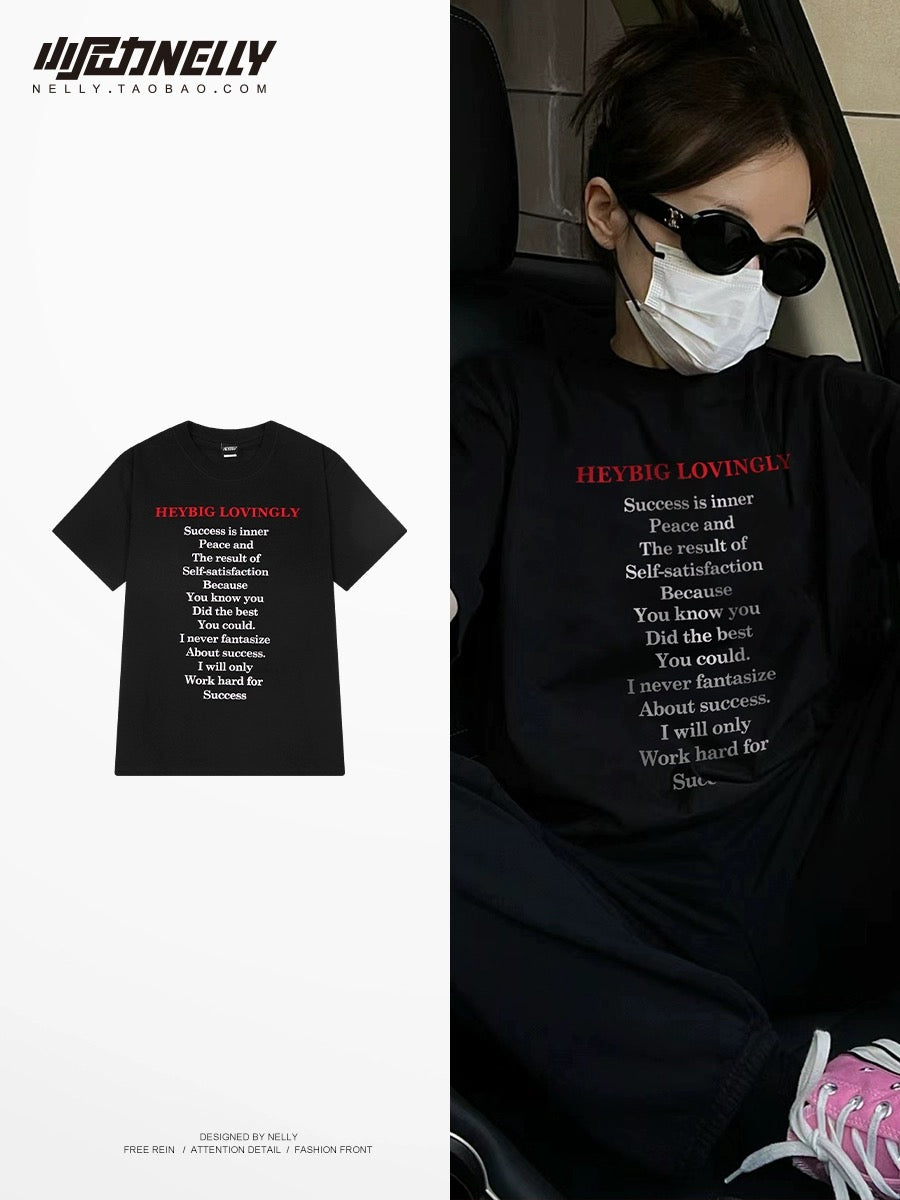 Heavy cotton letter print short-sleeved T-shirt for men and women summer American vibe high street couple trendy casual tops