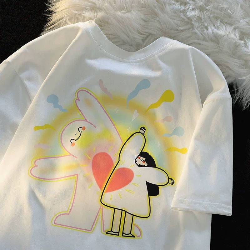 Jwneed Original cartoon trendy brand apricot short-sleeved T-shirt for women summer new couple dopamine Korean version pure cotton loose top