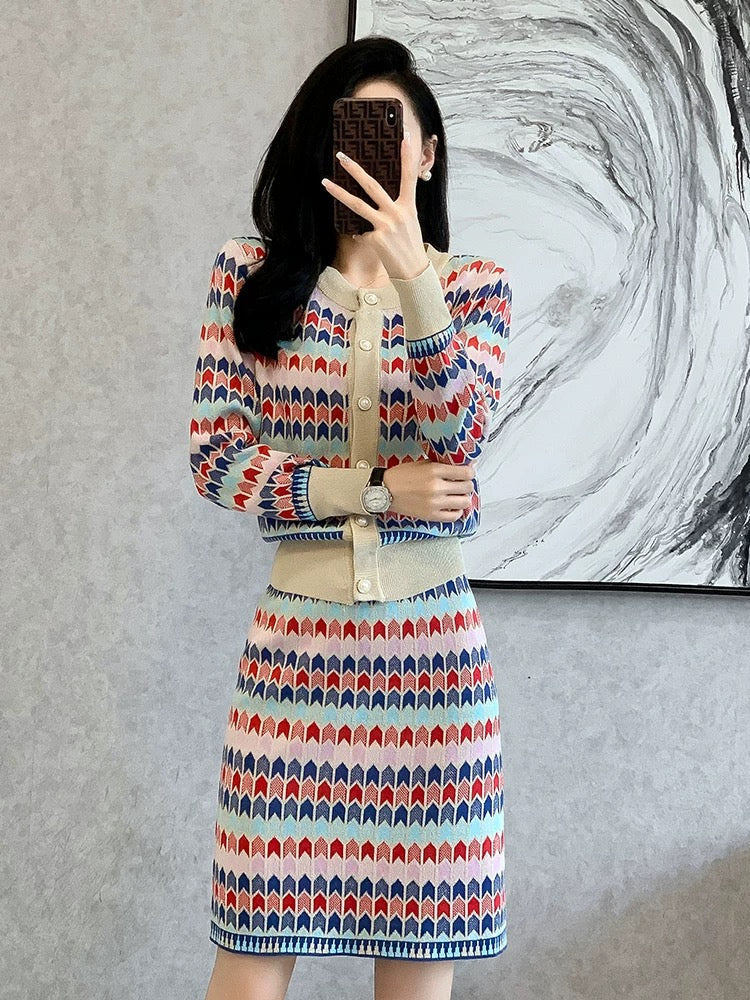 Autumn and winter new style French style knitted fashion suit skirt women's slim slimming colorful temperament two-piece skirt