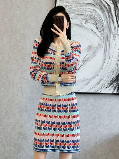Autumn and winter new style French style knitted fashion suit skirt women's slim slimming colorful temperament two-piece skirt