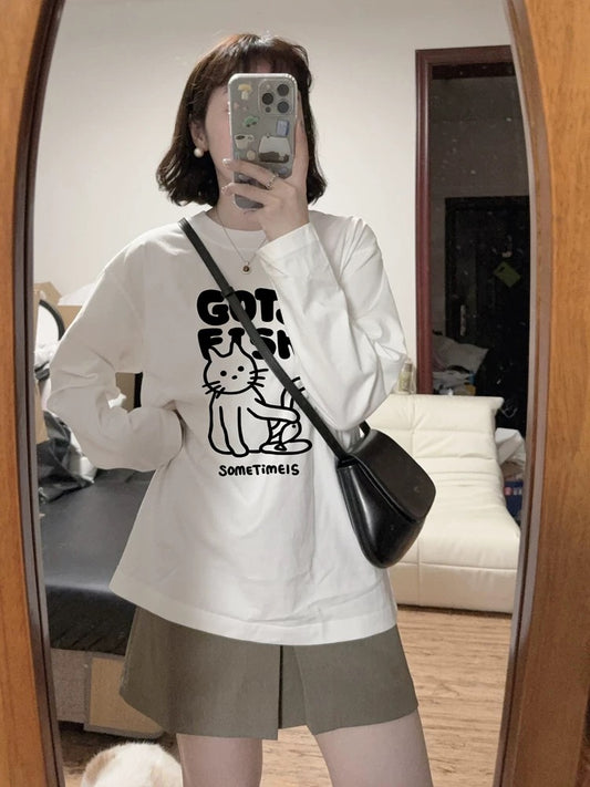 100% cotton American retro Hong Kong style chic straight shoulder long-sleeved T-shirt women's loose lazy niche design top