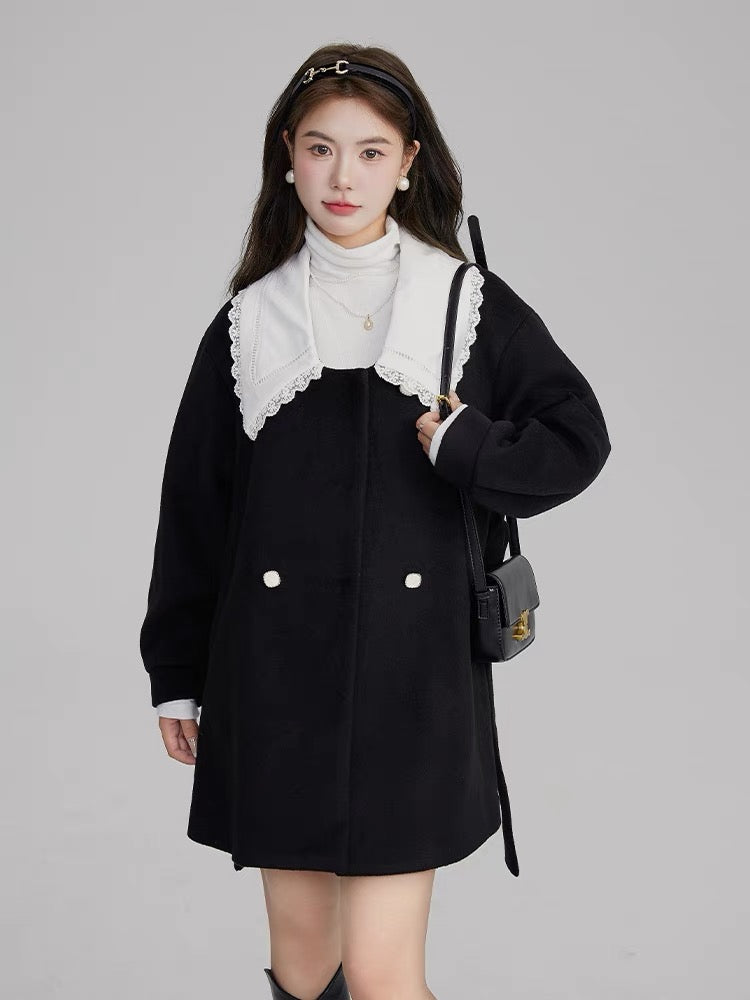 Volstagg French black Hepburn style woolen coat for women autumn and winter doll collar woolen coat dress