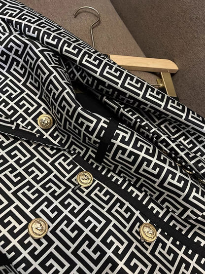 2023 European and American personalized maze graphic jacquard webbing trim double-breasted mid-length suit jacket (B7916)