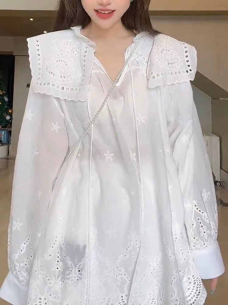 Design sense niche hollow jacquard doll collar shirt women's summer Korean casual fashion loose slim tassel top