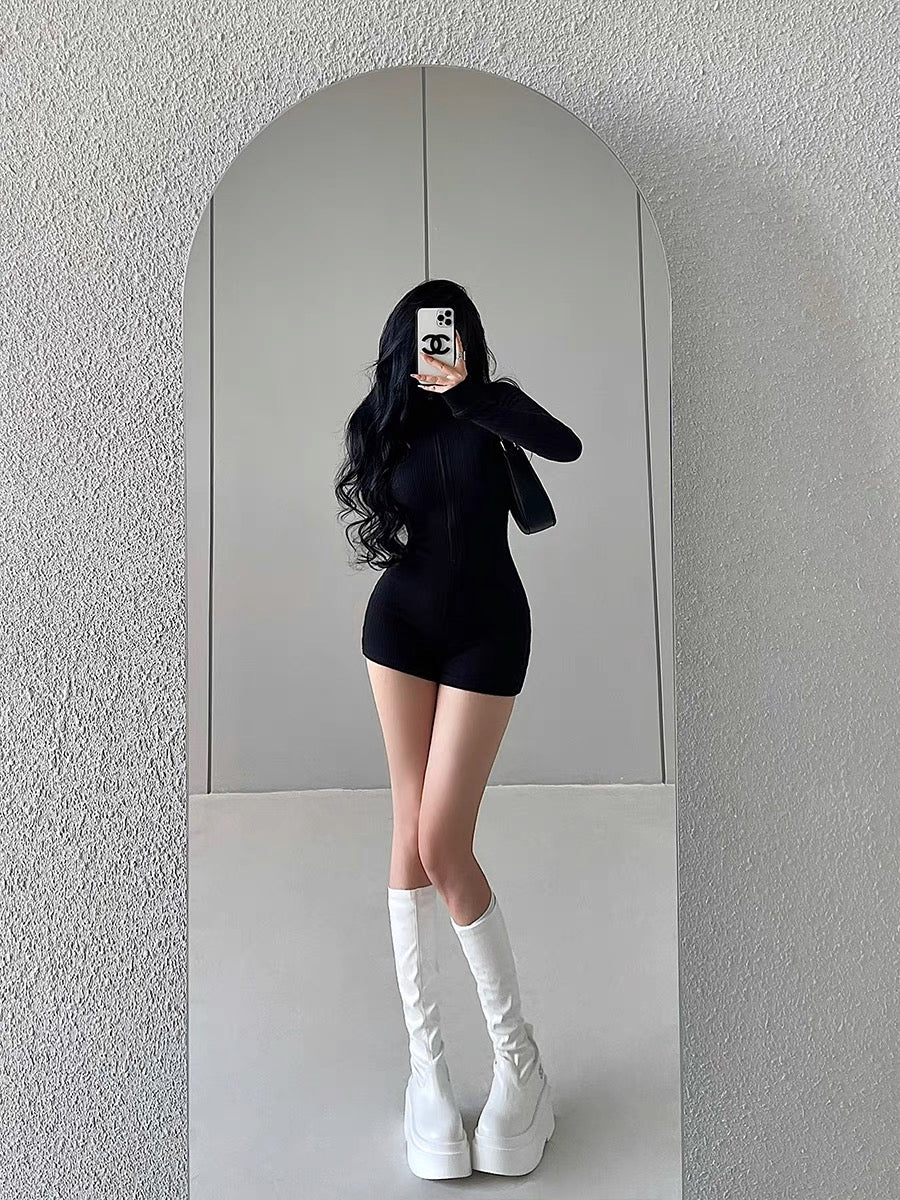 YoungGirlDay European and American style hot girl stand collar zipper slim slim long sleeve solid color knitted jumpsuit trendy (B1818)
