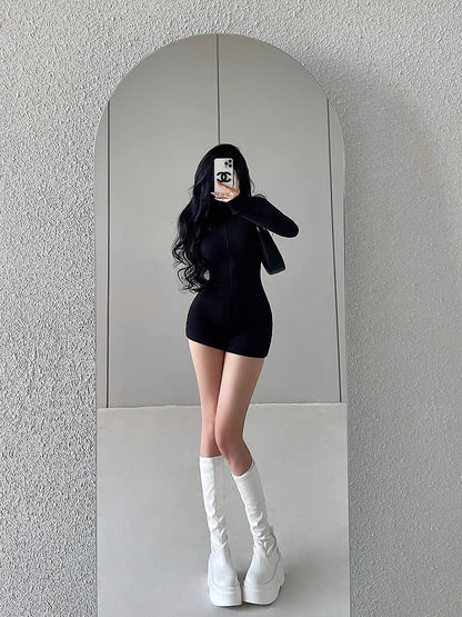 YoungGirlDay European and American style hot girl stand collar zipper slim slim long sleeve solid color knitted jumpsuit trendy (B1818)