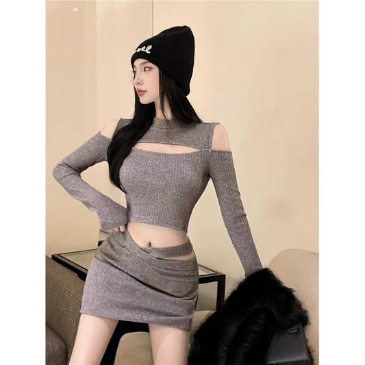 Knitted sweater for women in early spring with niche design, scheming hollow out, sexy temperament, bottoming top with short sweater underneath