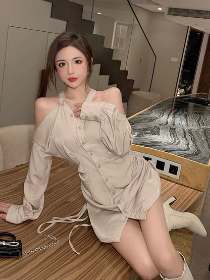 Pure lust style shirt dress for women in autumn and winter new style waist slimming halterneck off-shoulder chic and stunning skirt