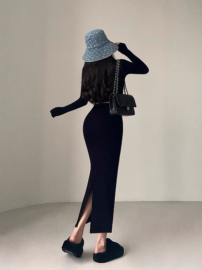 YoungGirlDay European and American high-waisted V-shaped waist slimming solid color back slit hip-covering knitted skirt