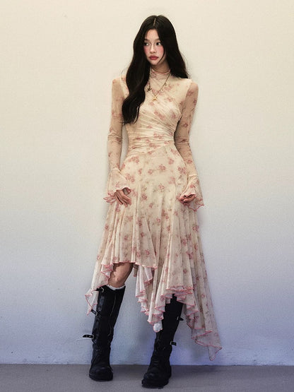 1P STUDIO Rose print small high collar trumpet sleeve dress women's autumn and winter irregular hem bottoming long skirt