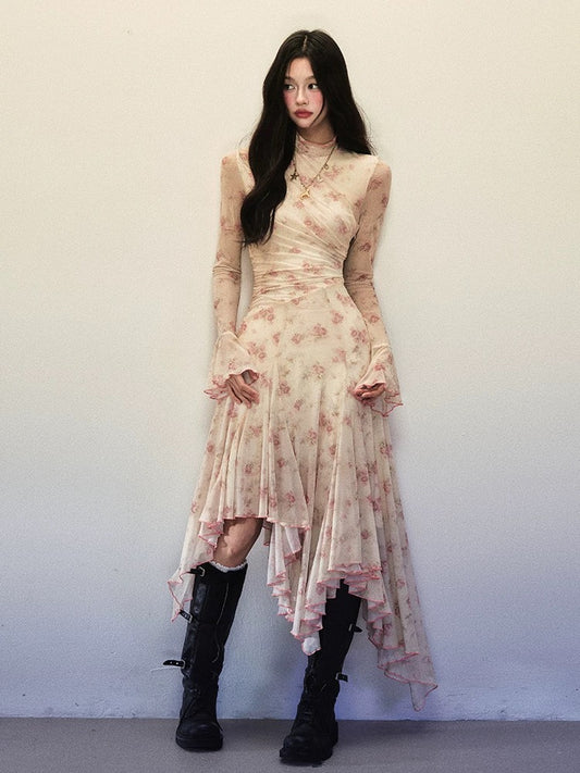 1P STUDIO Rose print small high collar trumpet sleeve dress women's autumn and winter irregular hem bottoming long skirt