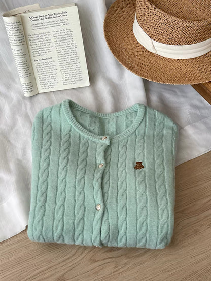 Women's Japanese/Korean-style retro cable-knit cardigan; soft, cozy, and versatile with a round neck and cute bear embroidery—perfect for autumn.