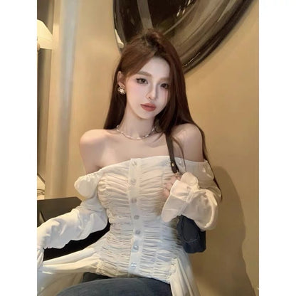 French temperament is unique and chic sexy off-the-shoulder top high-end slim long-sleeved white shirt women's early spring and autumn