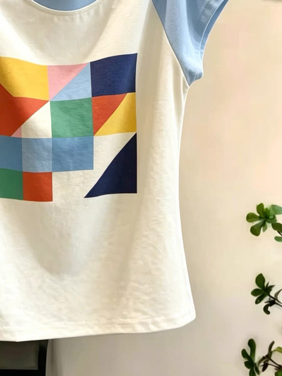 Shenzhen Nanyou Brand Women's Clothing ~ Round Neck Short Sleeve T-Shirt, Summer Versatile, Slimming, Stylish Color-Blocking Top