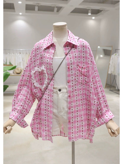 Soft and thin love lace stitching 2024 summer loose medium-length short front and long back plaid long-sleeved cotton shirt for women