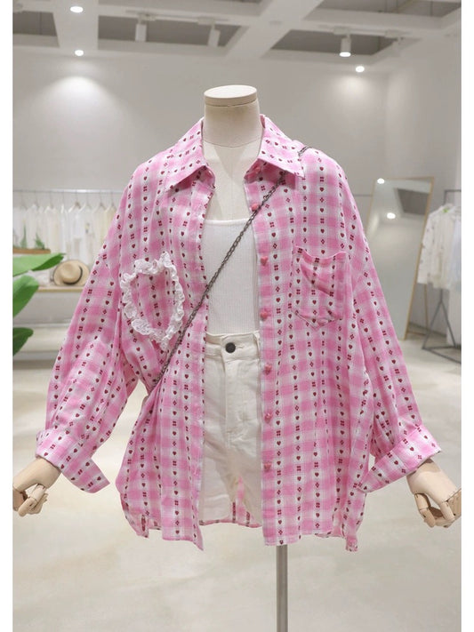 Soft and thin love lace stitching 2024 summer loose medium-length short front and long back plaid long-sleeved cotton shirt for women