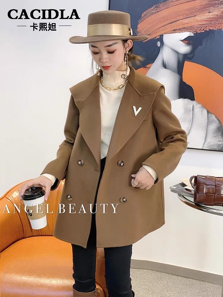 Short double-sided woolen cashmere coat for women 2023 autumn and winter loose Korean style navy collar double-sided woolen coat