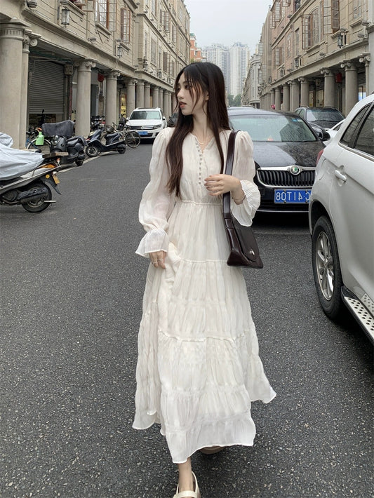 Platycodon French white long-sleeved dress for women spring 2024 new high-end waist slimming long dress