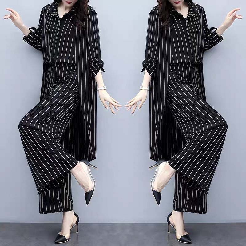 2023 new autumn plus size women's loose black striped cardigan two-piece casual fashion wide-leg pants suit