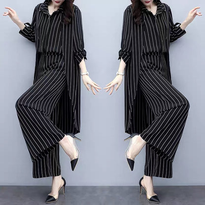 2023 new autumn plus size women's loose black striped cardigan two-piece casual fashion wide-leg pants suit