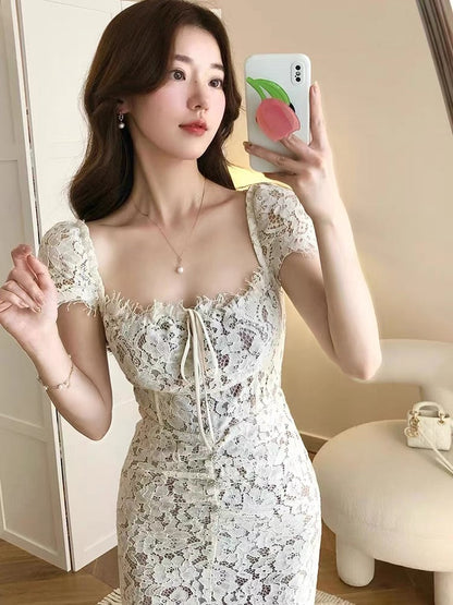 Sweet, Chic and Stunning Sweet Short Sleeve Women's Lace Dress Summer Women 2023 New French Hip Cover Long Skirt (S0932)