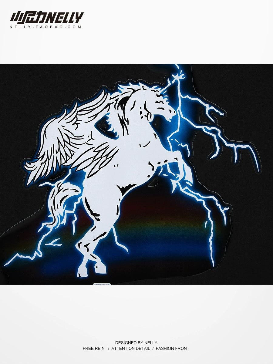 Heavy cotton trendy short-sleeved T-shirt for men and women summer 2024 new lightning unicorn print loose short-sleeved T-shirt