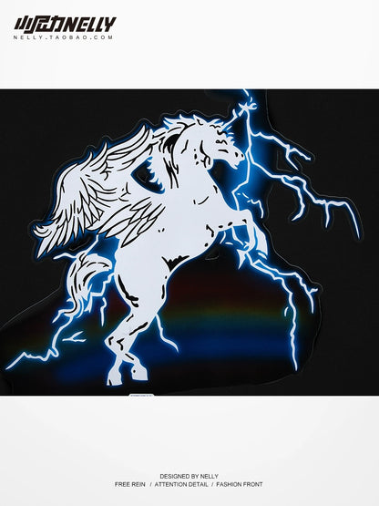 Heavy cotton trendy short-sleeved T-shirt for men and women summer 2024 new lightning unicorn print loose short-sleeved T-shirt