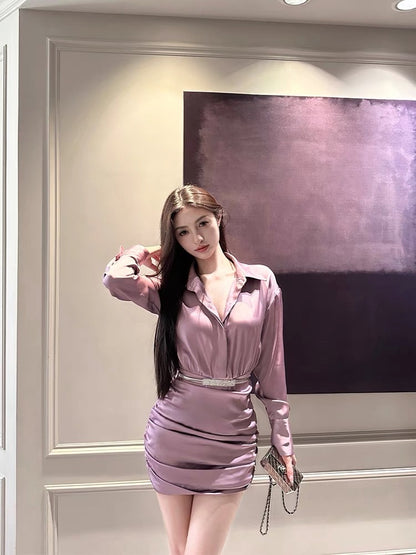 For Fay light purple satin pleated hip-hugging slim shirt dress high-end design temperament waist dress