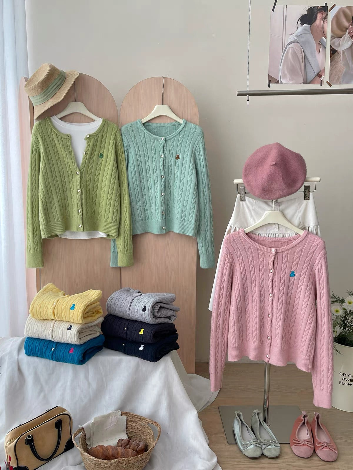 Women's Japanese/Korean-style retro cable-knit cardigan; soft, cozy, and versatile with a round neck and cute bear embroidery—perfect for autumn.