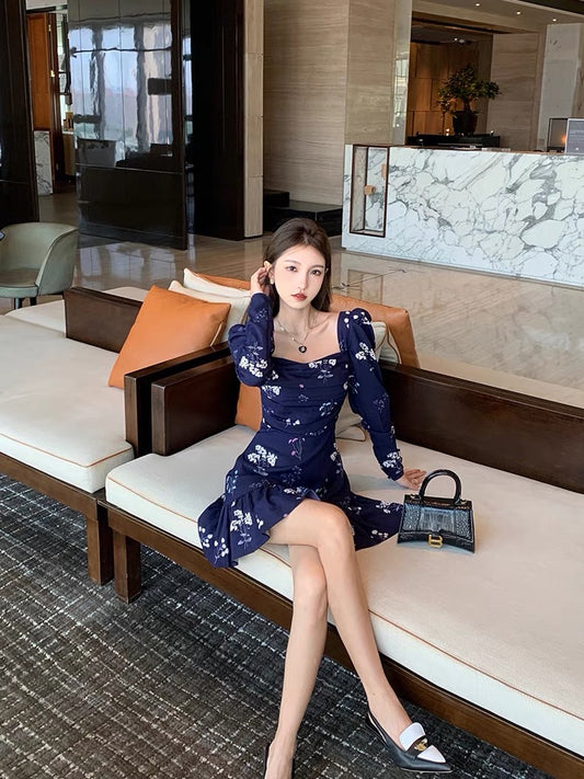 Juicecola French floral square neck dress for women spring and autumn new style ladylike temperament high-end light luxury dress D678