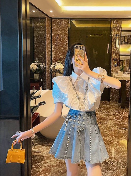 BETTER LS summer new style small Chanel style suit skirt women's ruffled shirt + denim skirt Western style two-piece suit