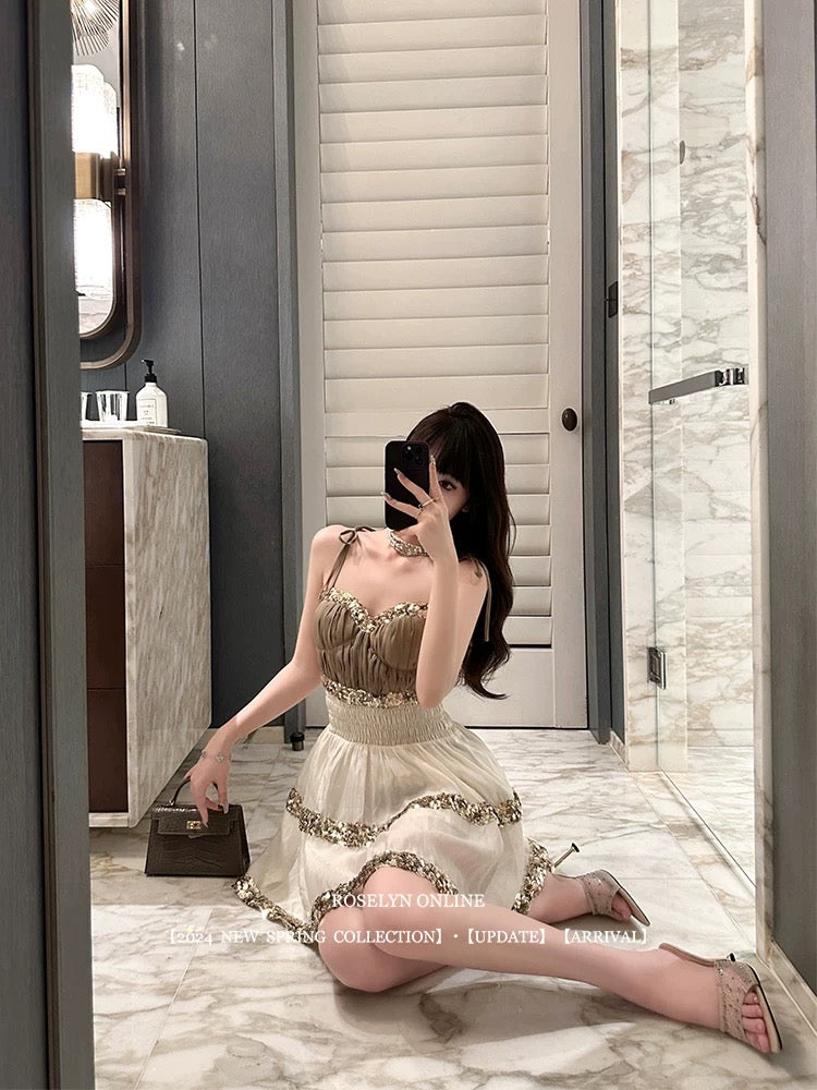 Roselyn [Galaxy Scattered] Heavy Hand-sewn Sequined Waisted Suspender Dress Women's High-end Tutu Skirt