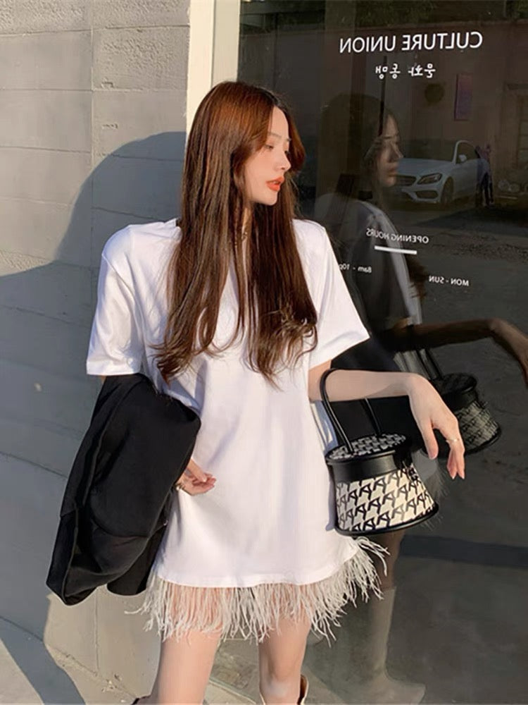 2023 new summer Korean style short-sleeved French retro Hepburn style raw edge tassel black T-shirt dress for women
