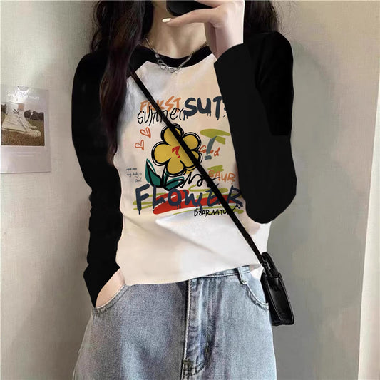 Contrast color pure cotton inner wear design sense splicing long-sleeved T-shirt female 2025 autumn and winter new European goods loose slim top M