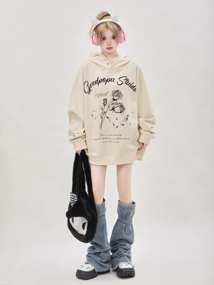 American retro lazy chic trendy brand oversize rose black sweatshirt women's hooded couple wear spring and autumn style A3352