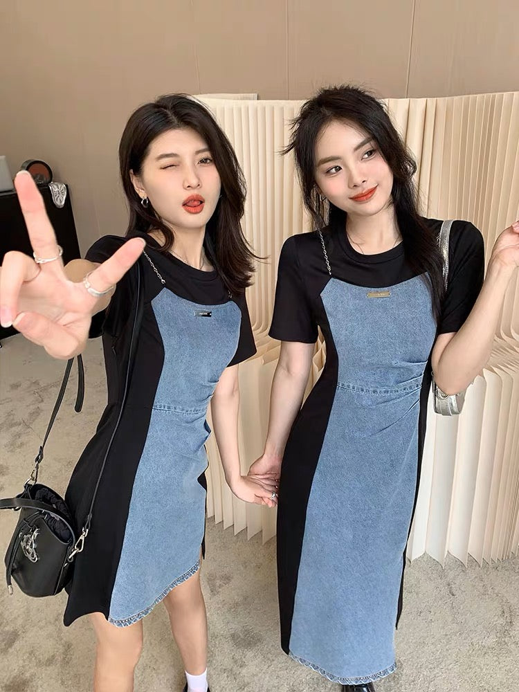 Mr. Zhang's 2023 new summer plus size women's clothing with temperament and royal sister splicing design denim fashionable dress for women (D789)