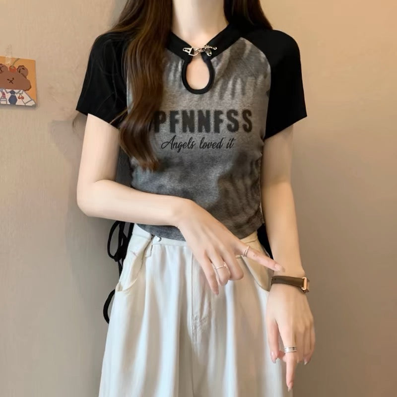 Large size American retro right shoulder T-shirt short-sleeved women's summer irregular hot girl short fat mm belly-covering slimming top