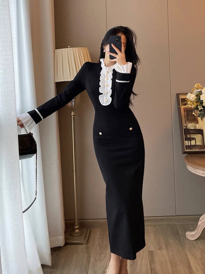 Two-piece suit women's autumn clothes new western style fashionable French retro bottoming velvet dress temperament slim long skirt