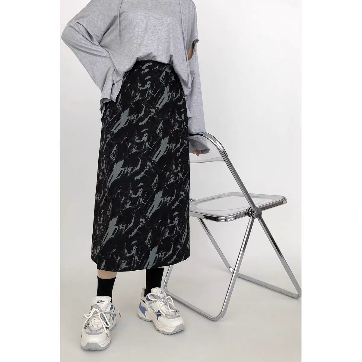 Slightly fat large size tie-dye retro woolen skirt women's A-line skirt fat mm skirt spring high-waisted mid-length pear-shaped skirt A3362