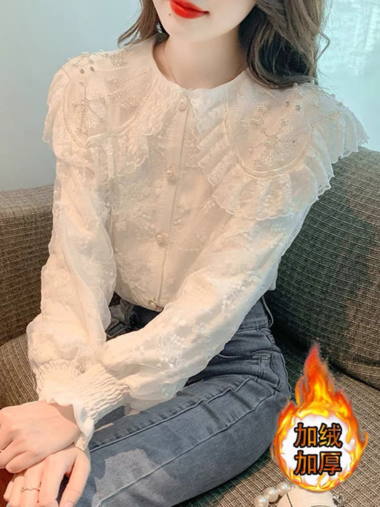 Palace style doll collar lace bottoming shirt for women 2023 autumn and winter style plus velvet thickening foreign fashionable inner top (B2312)