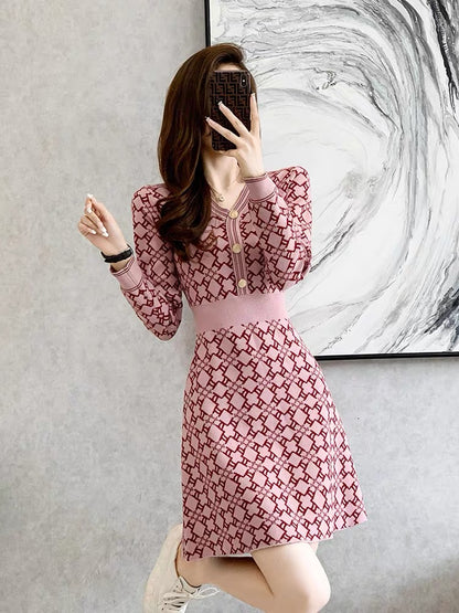 French style waist slimming pink sweater skirt 2023 new autumn and winter women's small knitted dress (V5517)