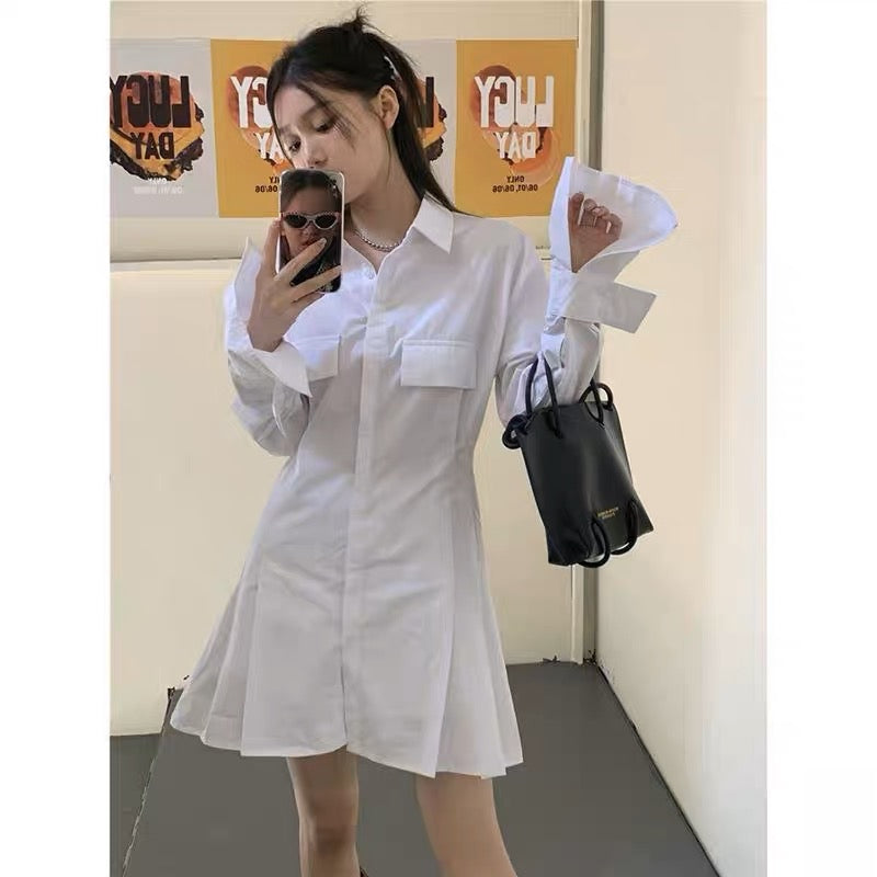 Polo collar shirt dress women's autumn 2023 new design sense niche waist slimming white long-sleeved skirt