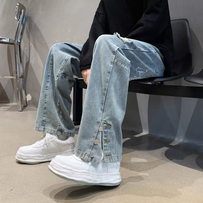 Design sense breasted slit jeans men's trendy ins high street straight loose American style vibe hole casual pants