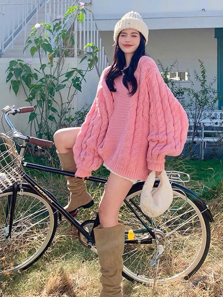 Pink soft and glutinous twist sweater for women autumn and winter 2023 new Korean style gentle mid-length lazy style sweater V1145